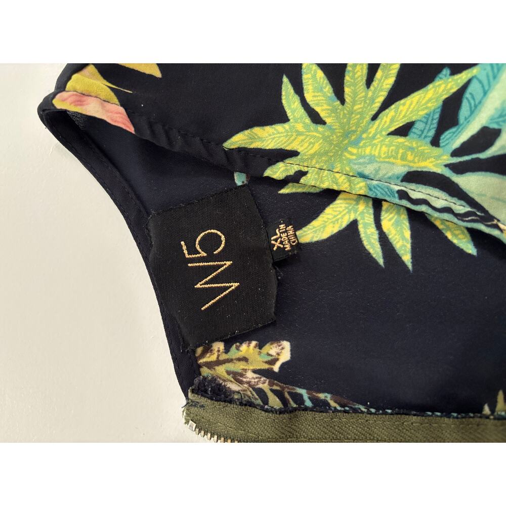 W5 Tropical Palm Print Sleeveless Blouse Black Floral Back Zip Top XL 11483M - Picture 4 of 6